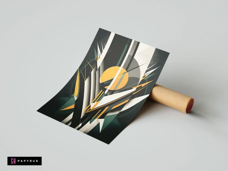 Modern Art Deco geometric abstract featuring sharp black, gold, teal, and white lines and circles.