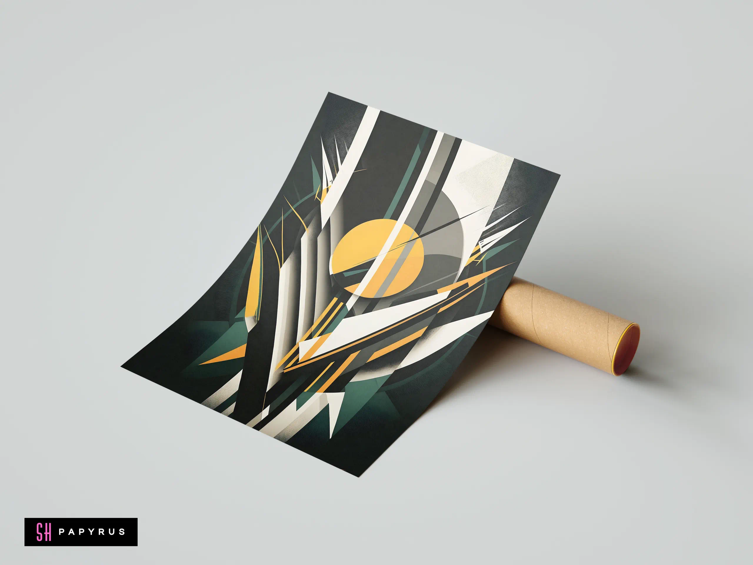 Modern Art Deco geometric abstract featuring sharp black, gold, teal, and white lines and circles.