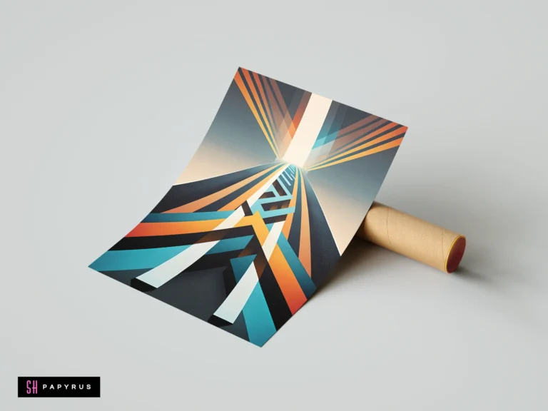 Abstract 3D geometric highway poster with vibrant teal and orange lines in futuristic deep perspective.