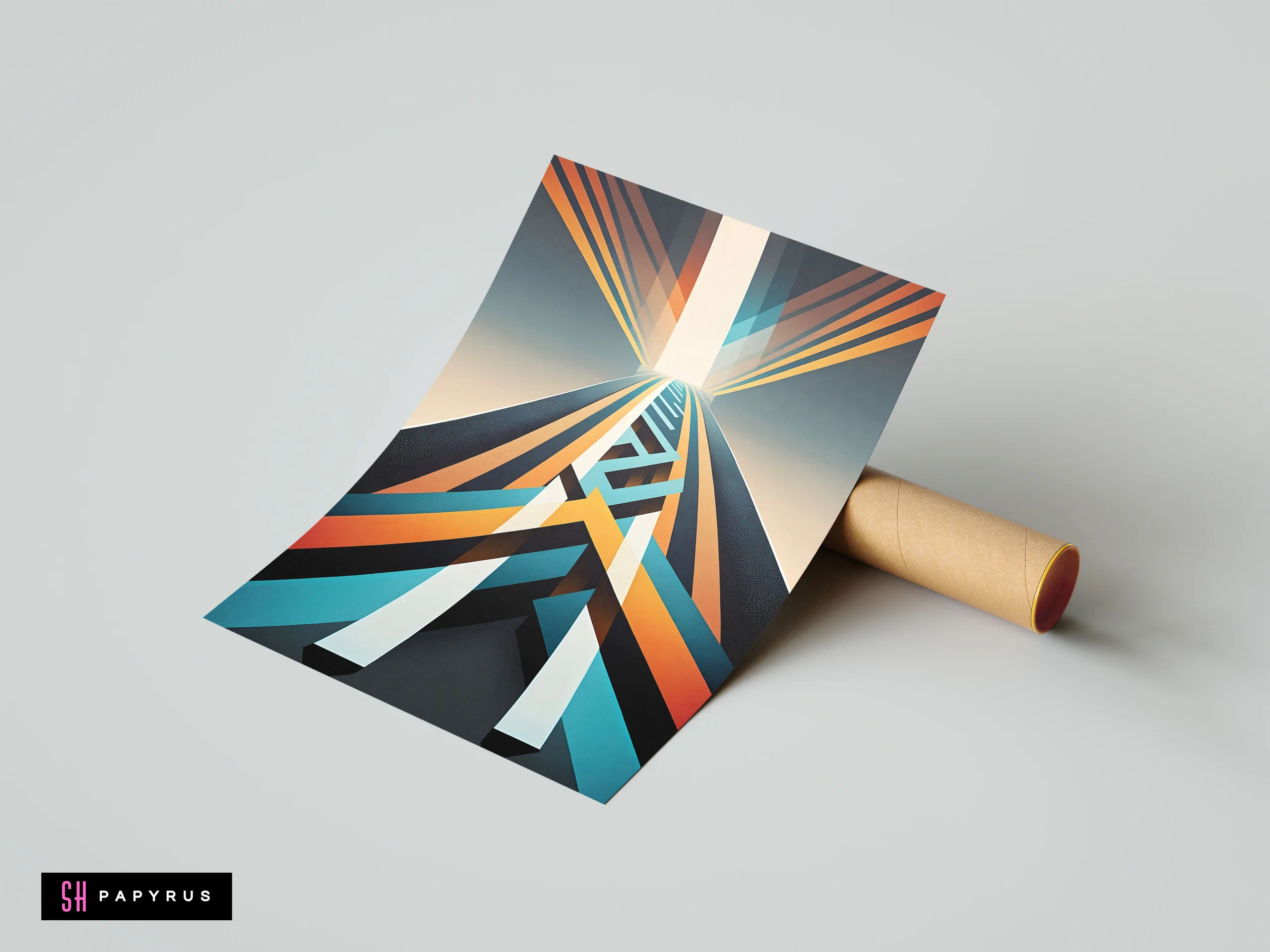 Abstract 3D geometric highway poster with vibrant teal and orange lines in futuristic deep perspective.