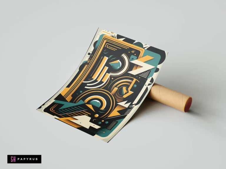 Retro industrial abstract print featuring geometric tech shapes in bold yellow, teal, and black.