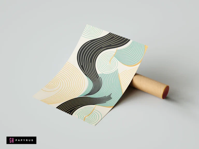 Abstract retro 70s art print with teal, yellow, and black wavy lines and spirals.