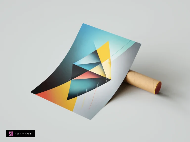 Modern abstract print with overlapping geometric triangles and diamonds in teal and yellow gradients.