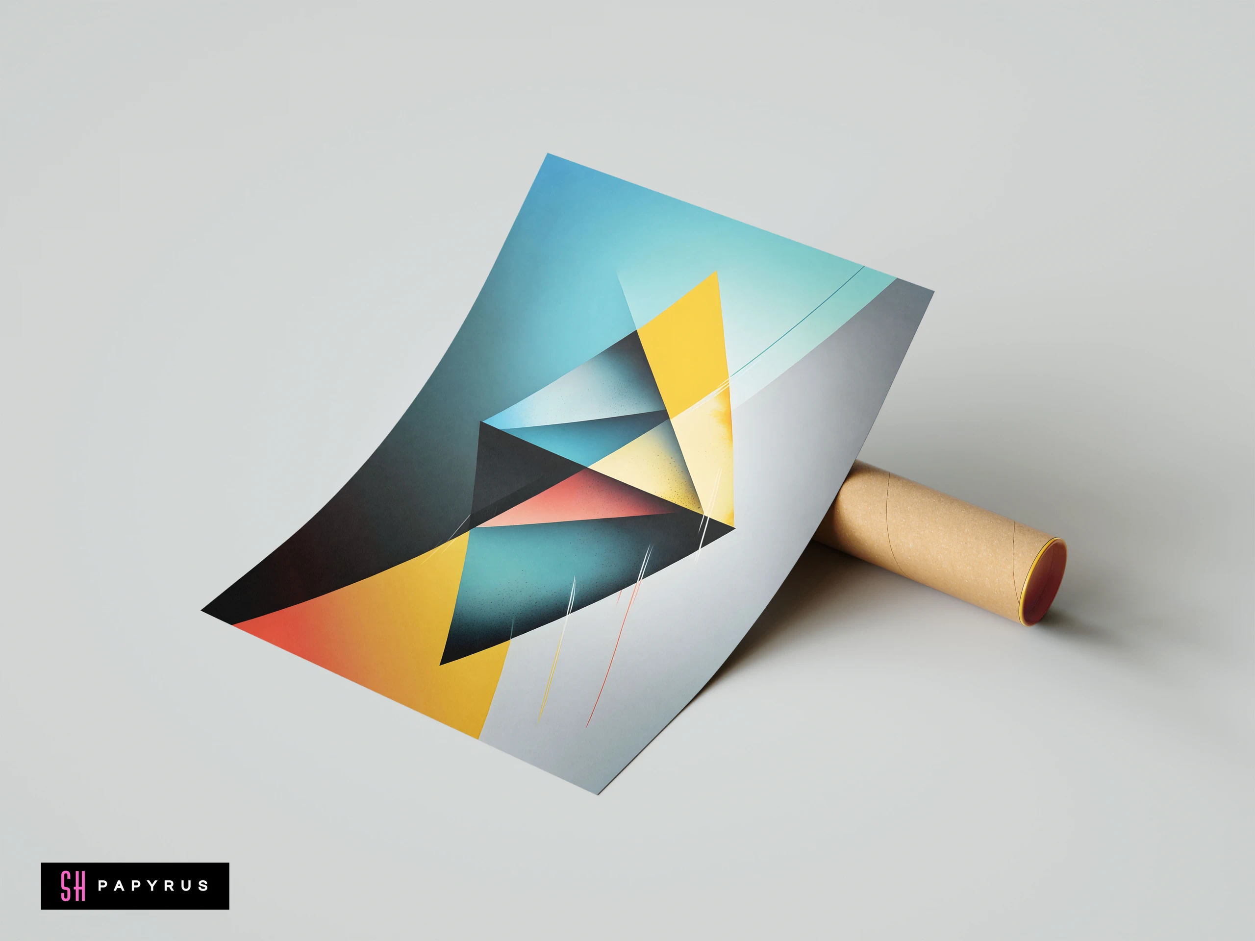 Modern abstract print with overlapping geometric triangles and diamonds in teal and yellow gradients.