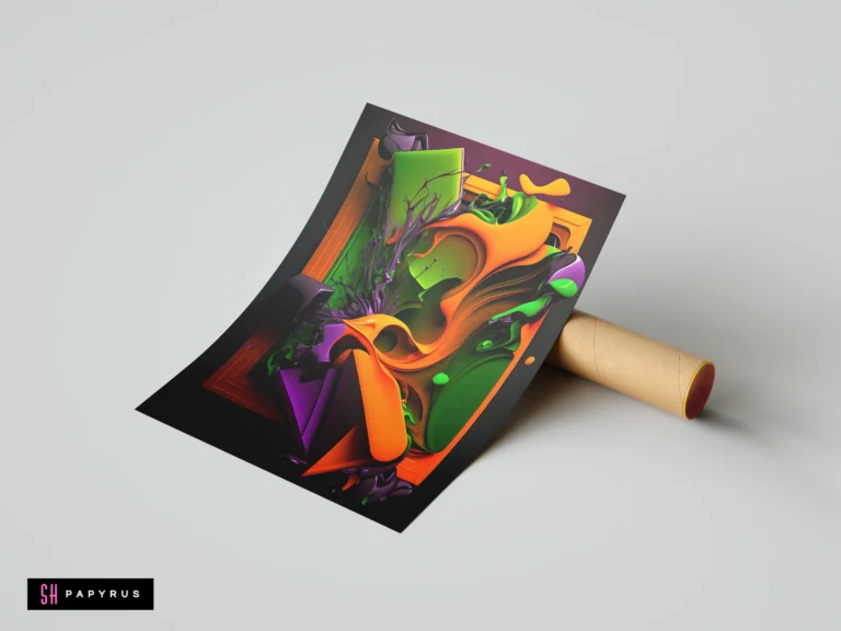 Vibrant 3D surrealist print featuring melting fluid shapes in bold green, orange, and purple.