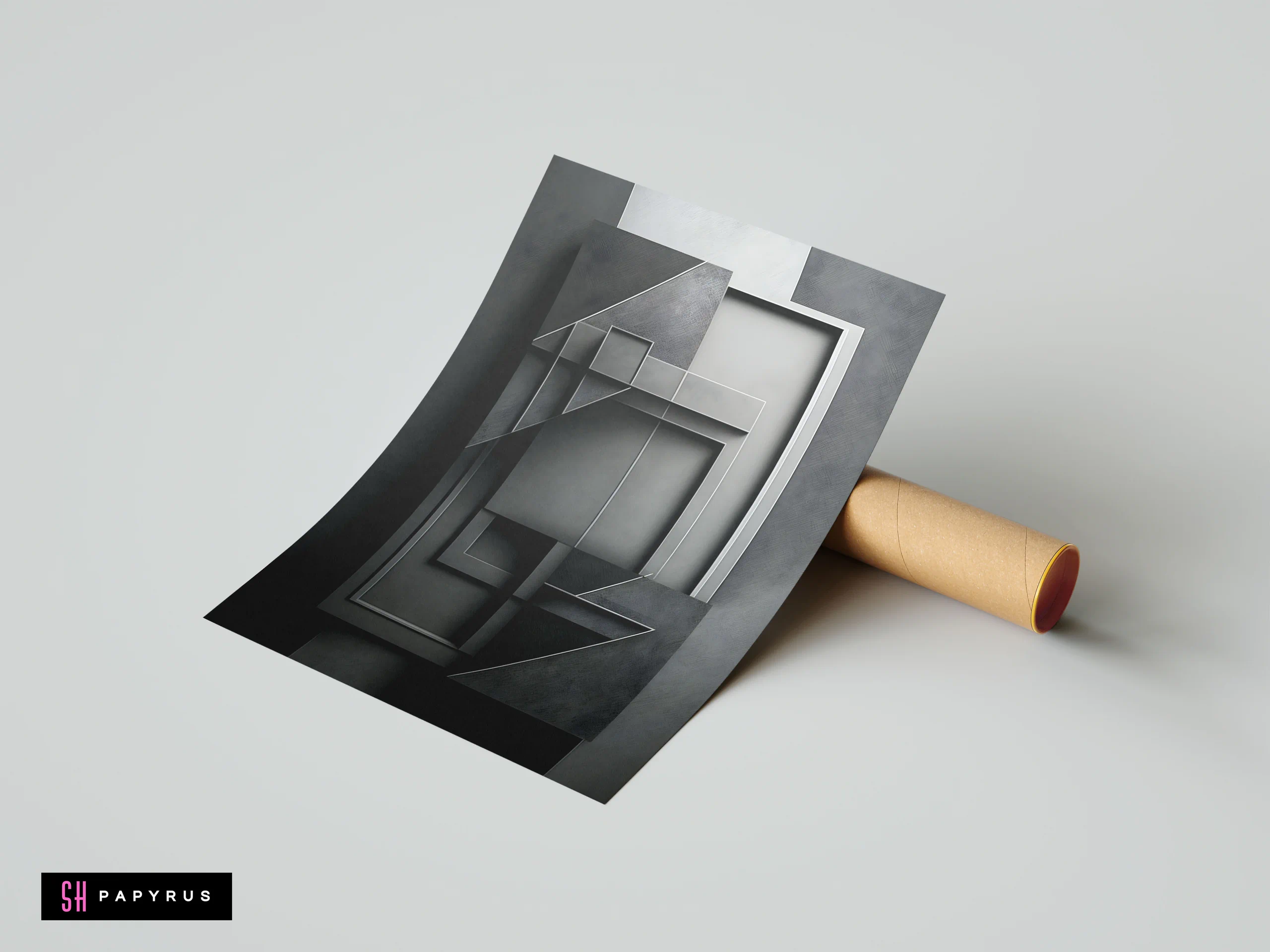 Abstract dark brutalist monochrome 3D geometric architecture print with sharp lines and industrial grey tones.