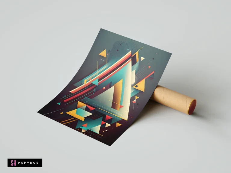 Abstract retro print with layered teal, yellow, and red geometric triangles in dynamic composition.