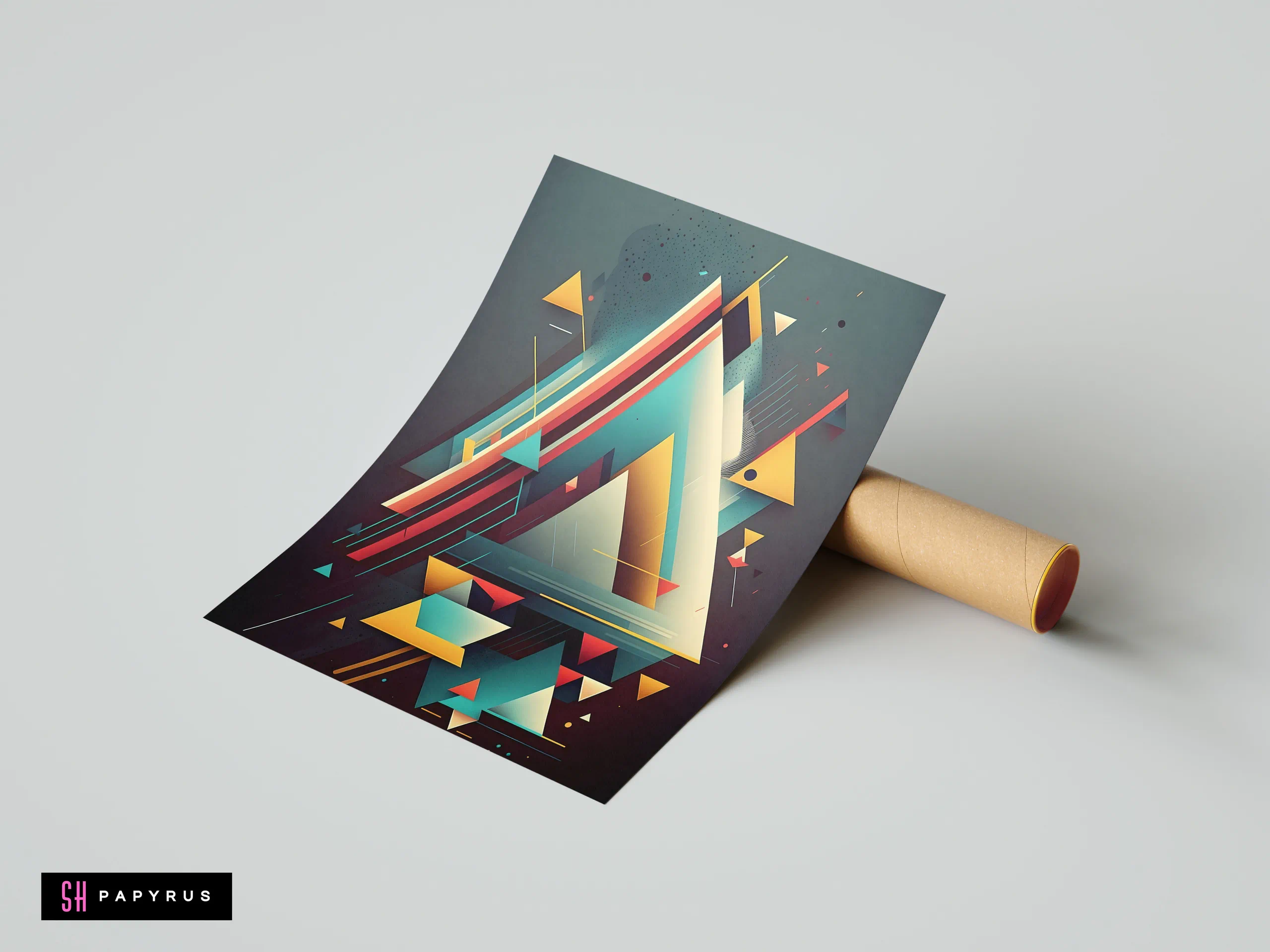 Abstract retro print with layered teal, yellow, and red geometric triangles in dynamic composition.