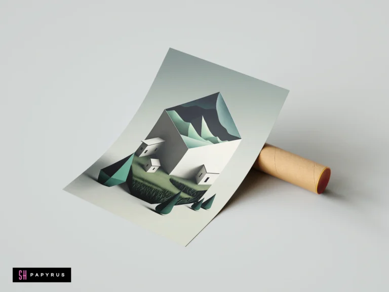 Minimalist isometric art print featuring geometric houses and green landscapes in muted teal and sage.
