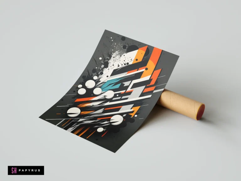 Dynamic abstract sports art featuring orange geometric speed lines, white circles, and energetic motion.