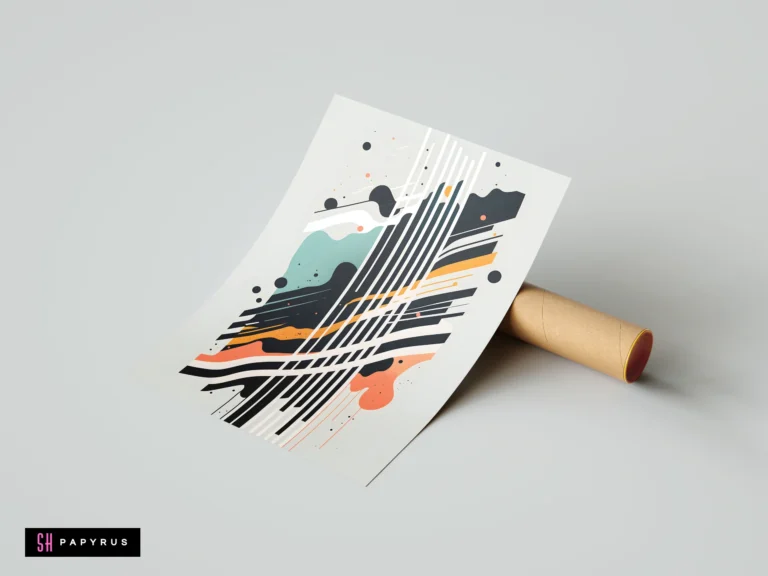 Modern abstract glitch poster with vertical lines and geometric shapes in teal, orange, and black.