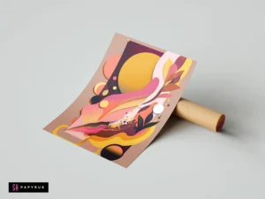 Layered botanical paper cut art featuring warm pink, yellow, and purple organic abstract shapes.