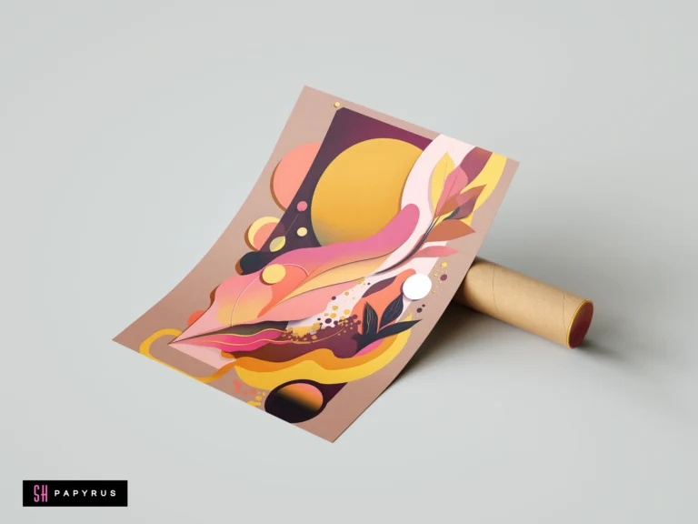 Layered botanical paper cut art featuring warm pink, yellow, and purple organic abstract shapes.
