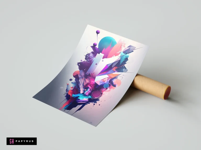 Vibrant abstract composition of geometric shards and fluid explosions in purple, pink, and blue.