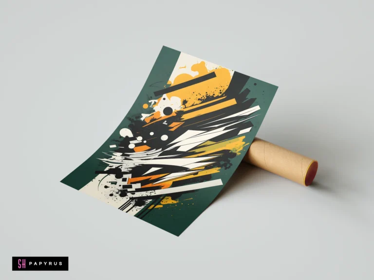 Urban graffiti style geometric grunge abstract featuring bold green, ochre, and black splash patterns.