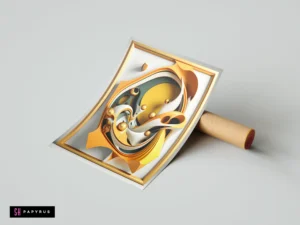 Luxury 3D abstract artwork featuring flowing gold and white structural layers with metallic spheres.