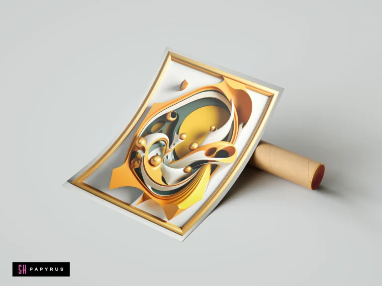 Luxury 3D abstract artwork featuring flowing gold and white structural layers with metallic spheres.
