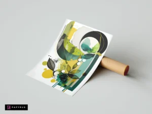 Abstract mixed media nature art featuring green and yellow watercolor textures, botanical leaves, and shapes.