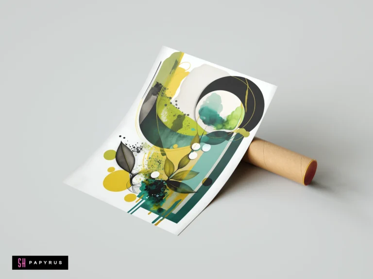 Abstract mixed media nature art featuring green and yellow watercolor textures, botanical leaves, and shapes.