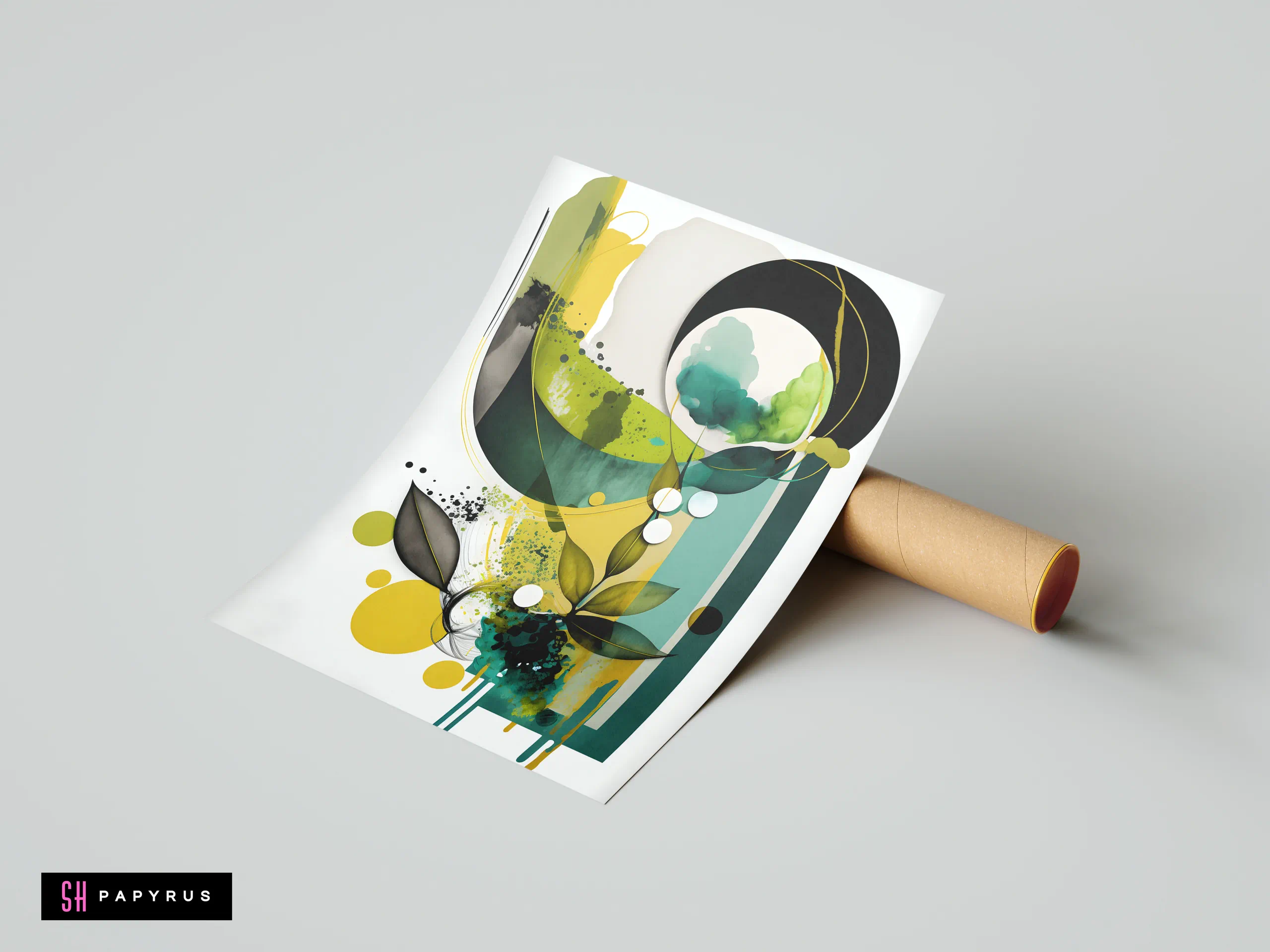 Abstract mixed media nature art featuring green and yellow watercolor textures, botanical leaves, and shapes.