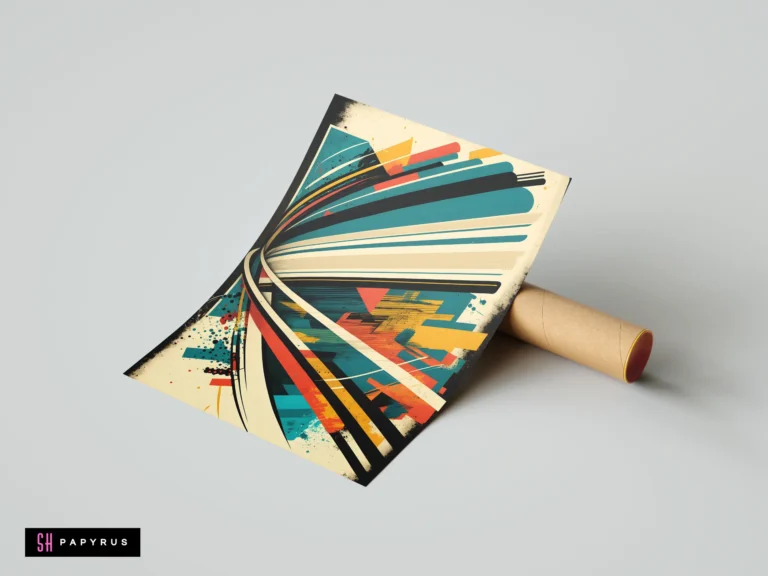 Retro abstract illustration with dynamic teal and orange curved lines and vintage geometric shapes.