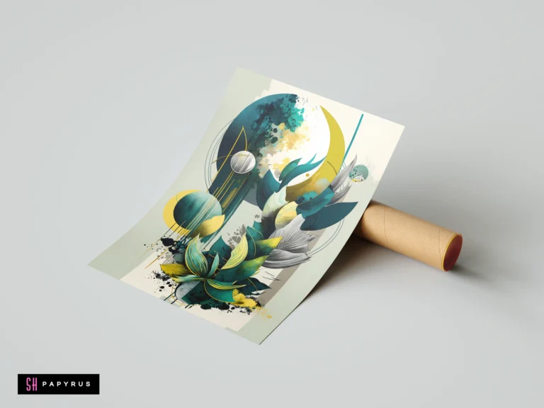 Teal and gold botanical abstract art featuring a layered crescent moon and 3D geometric shapes.