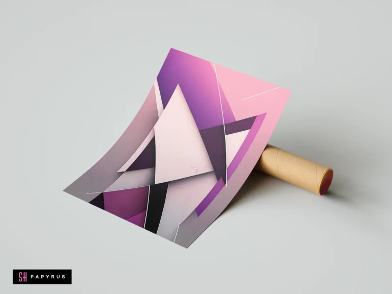 Modern abstract poster featuring layered purple and pink geometric triangles in material design style.