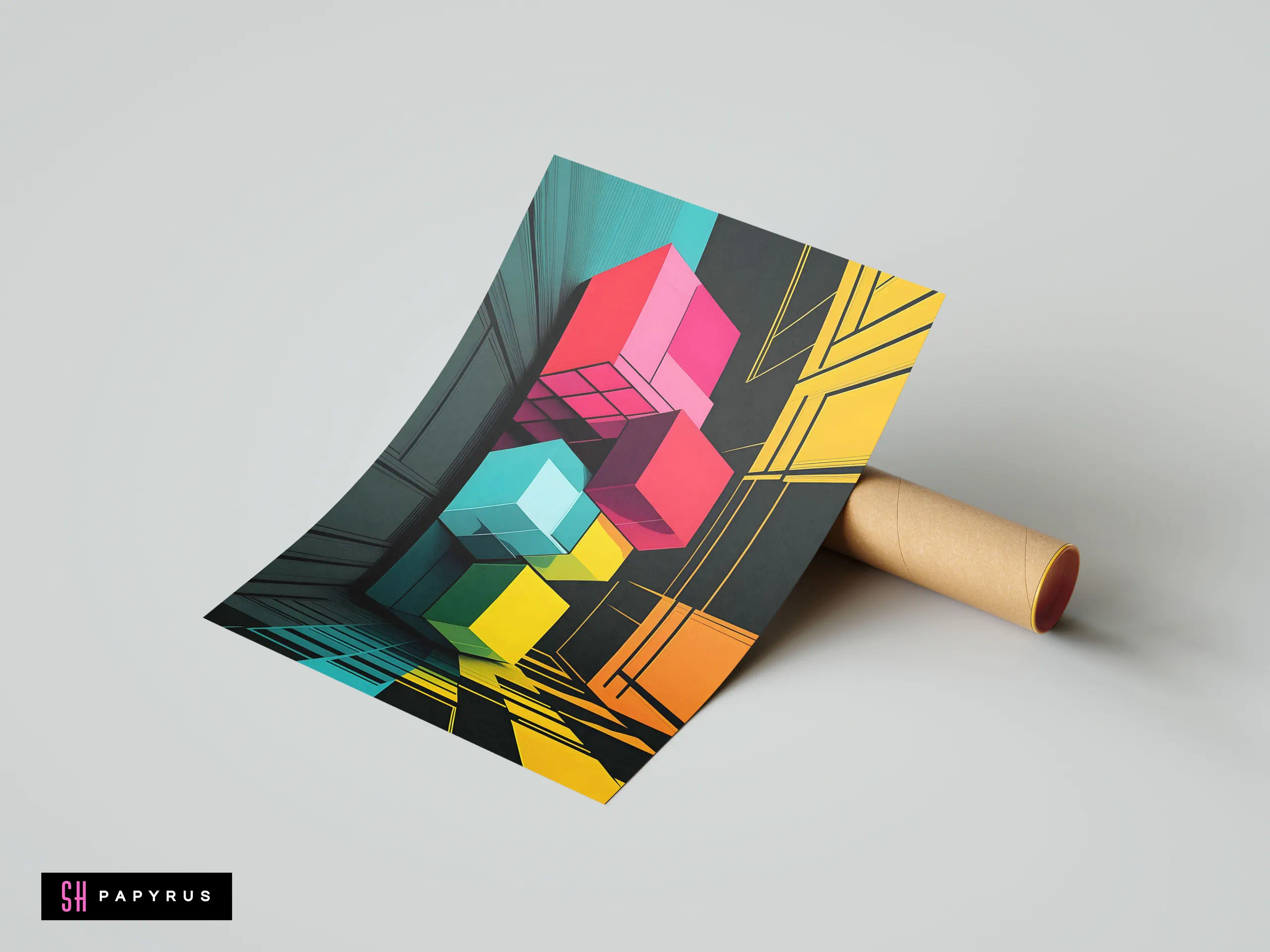 Vibrant pink, yellow, and cyan 3D isometric cubes in a bold geometric abstract art style.