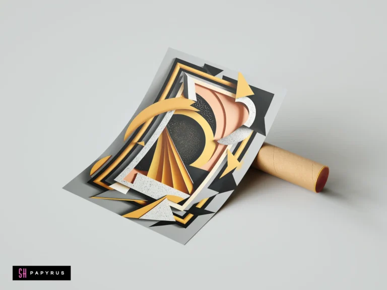 Modern abstract art featuring layered geometric shapes in gold, black, peach, and speckled textures.