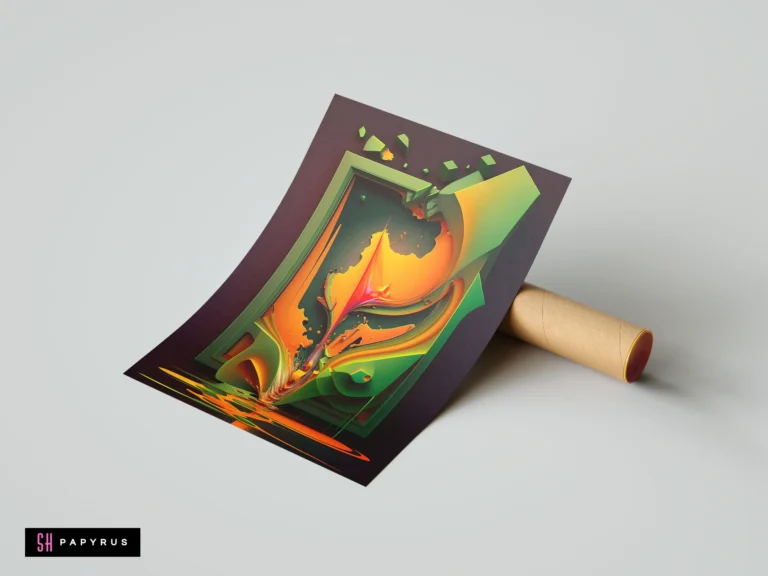 Surrealistic abstract art with a vibrant green geometric frame and dynamic orange liquid splash details.