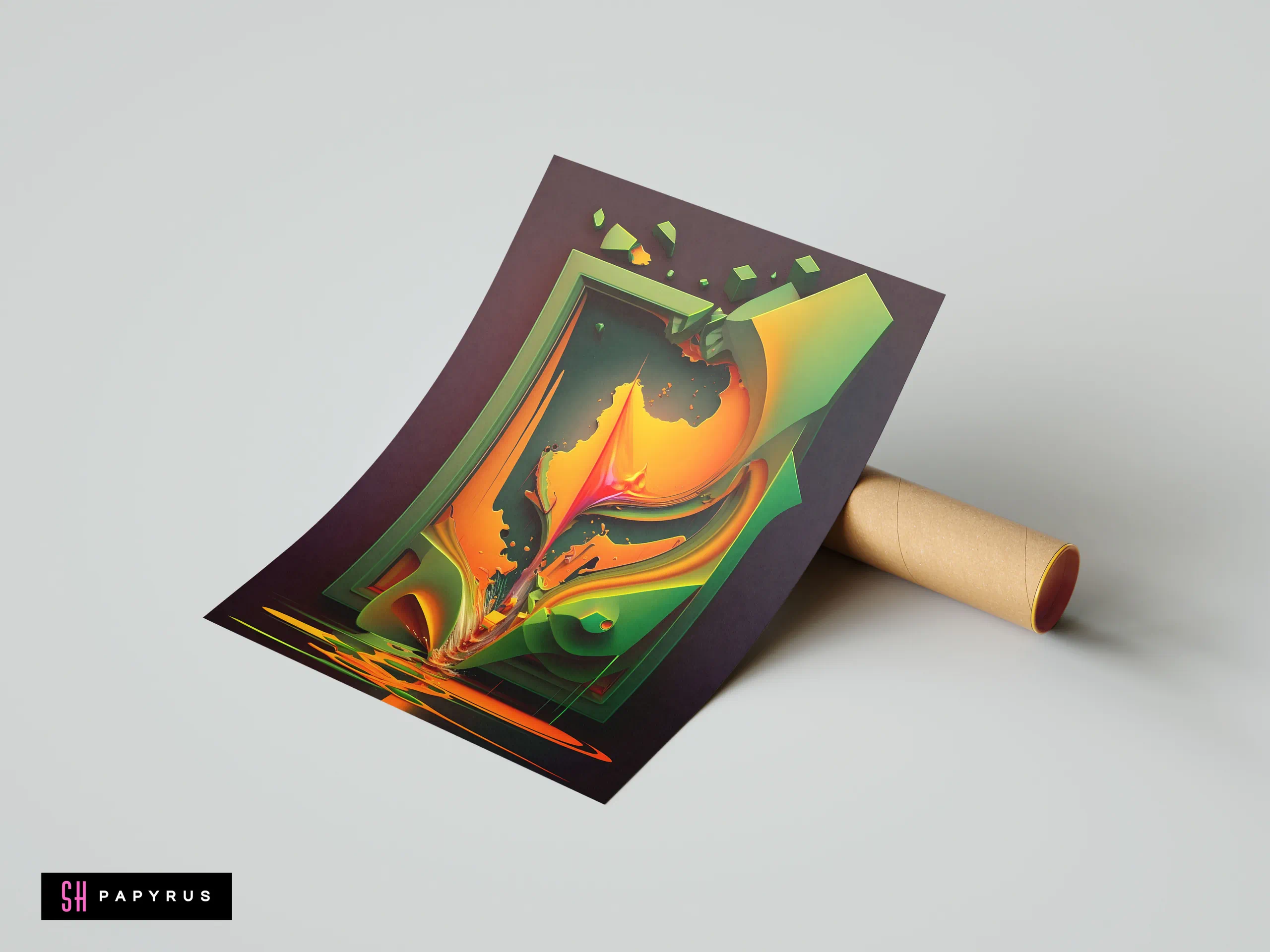 Surrealistic abstract art with a vibrant green geometric frame and dynamic orange liquid splash details.