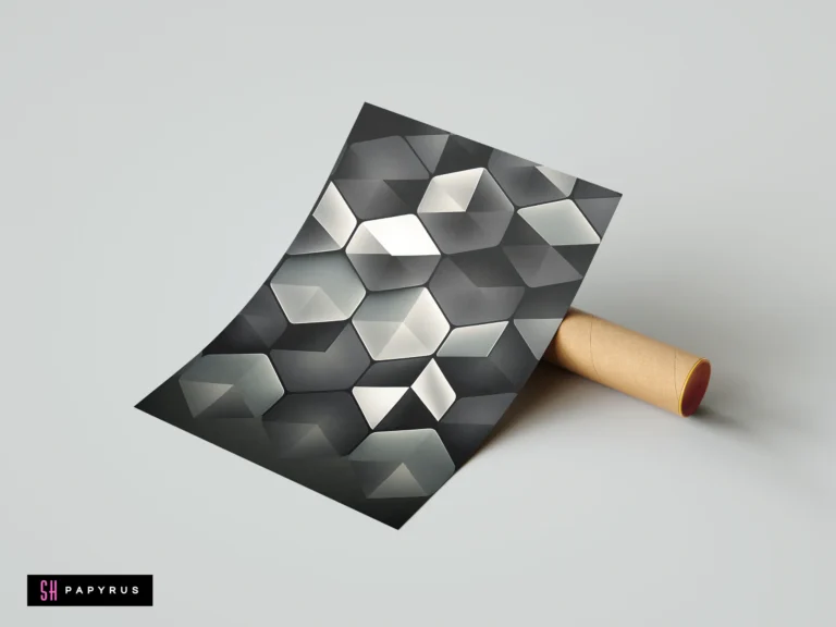 Monochrome 3D geometric hexagon honeycomb pattern in abstract shades of black, gray, and white.