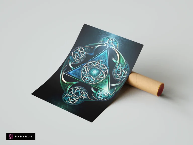 Intricate blue and silver 3D Celtic knot mandala featuring a glowing central triangular design.