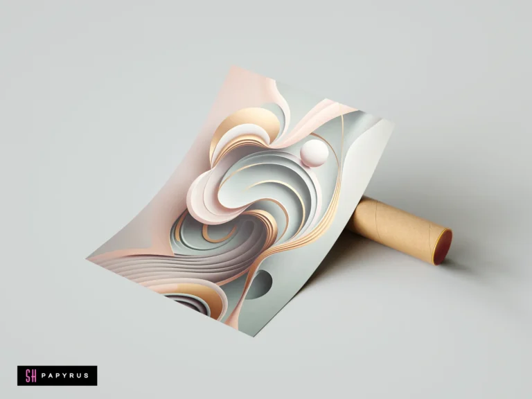 3D layered abstract art featuring soft pastel swirls, gold accents, and elegant fluid shapes.