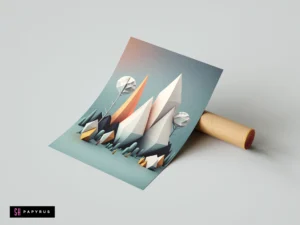 Abstract low poly 3D landscape featuring geometric crystalline mountains and trees in teal and orange.