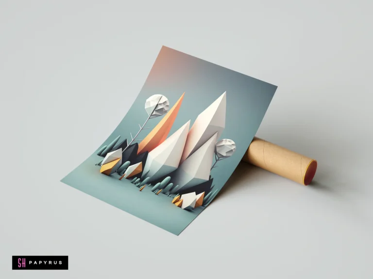 Abstract low poly 3D landscape featuring geometric crystalline mountains and trees in teal and orange.