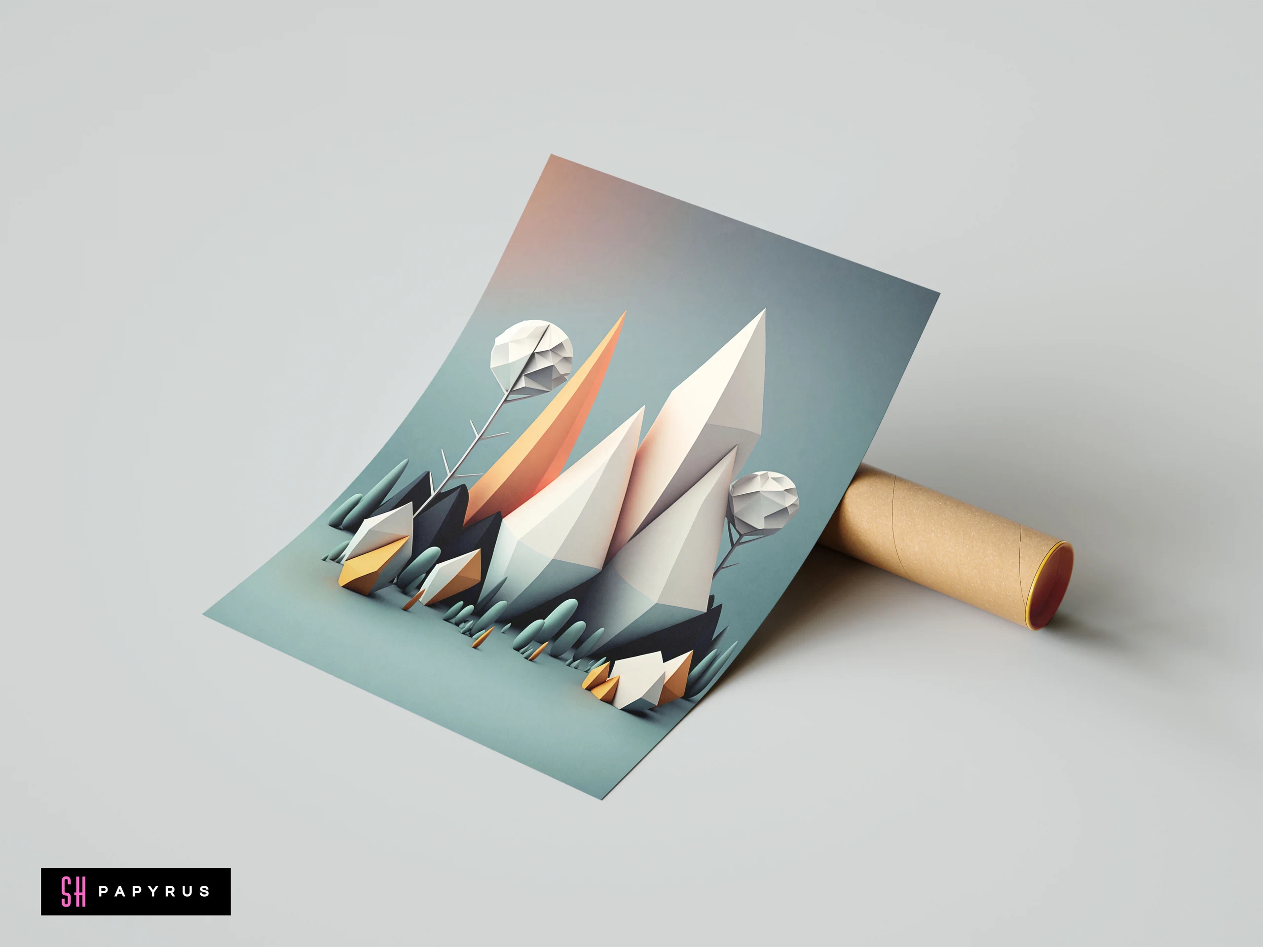Abstract low poly 3D landscape featuring geometric crystalline mountains and trees in teal and orange.