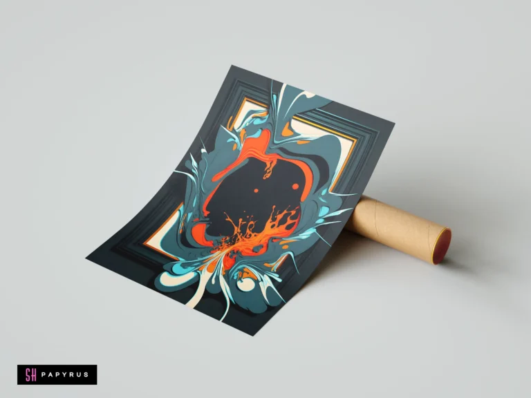 Dynamic 3D abstract art with teal and orange liquid swirls in a dark frame.