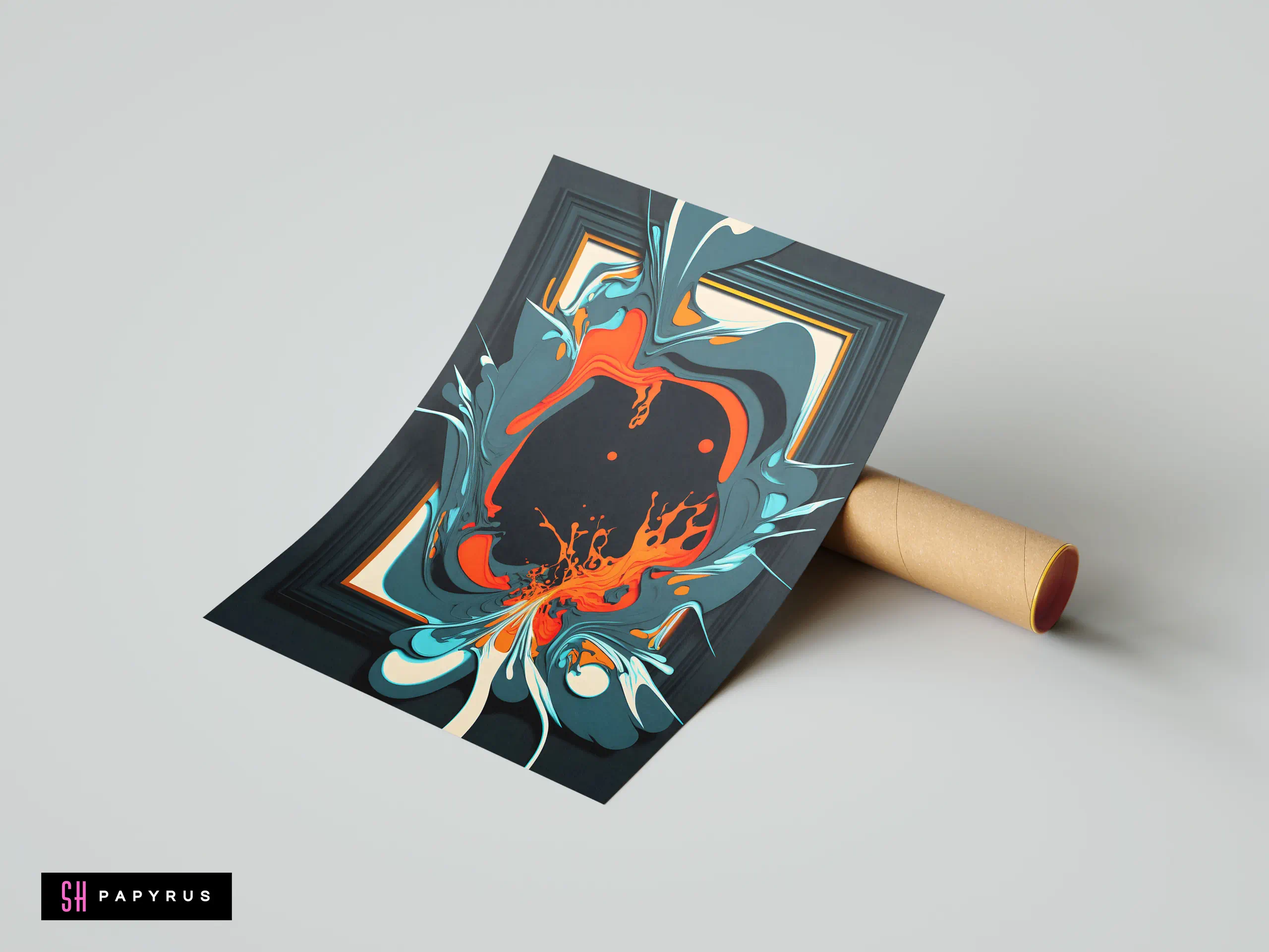 Dynamic 3D abstract art with teal and orange liquid swirls in a dark frame.