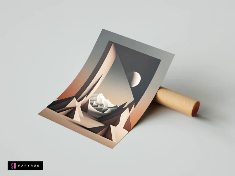 Minimalist geometric portal desert landscape art featuring earthy neutral tones and sharp, surreal peaks.