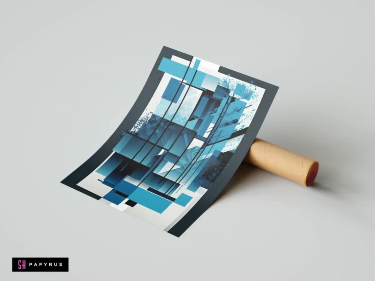 Modern blue architectural abstract featuring layered geometric shapes, sharp lines, and dynamic textures.