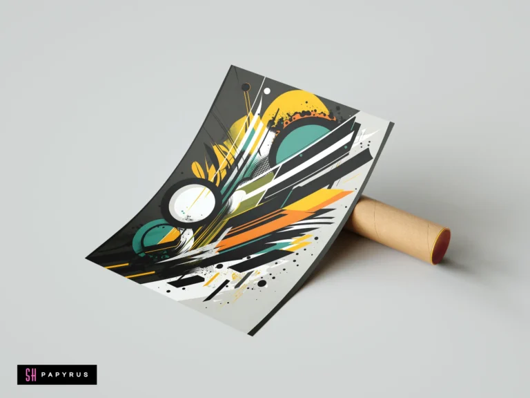 Dynamic abstract grunge poster featuring geometric lines, circles, and splatters in yellow, teal, and orange.