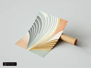 Retro abstract poster with flowing 3D fan lines in sage green, orange, and earthy neutrals.