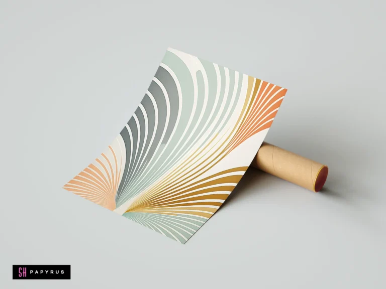 Retro abstract poster with flowing 3D fan lines in sage green, orange, and earthy neutrals.