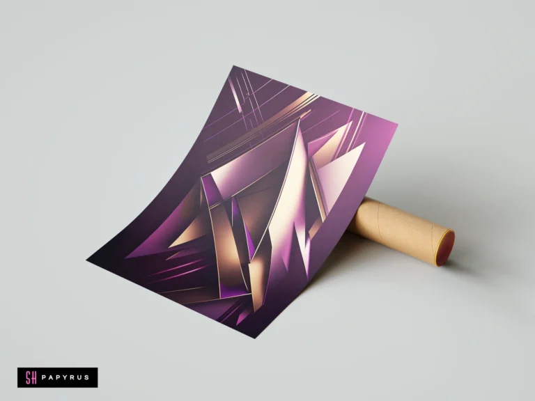 Angular 3D geometric abstract art featuring sharp futuristic shards in purple and metallic gold.