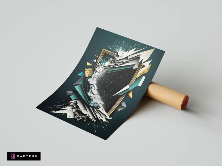 Shattered 3D frame with explosive geometric shards, gold accents, and grunge textures on dark teal.