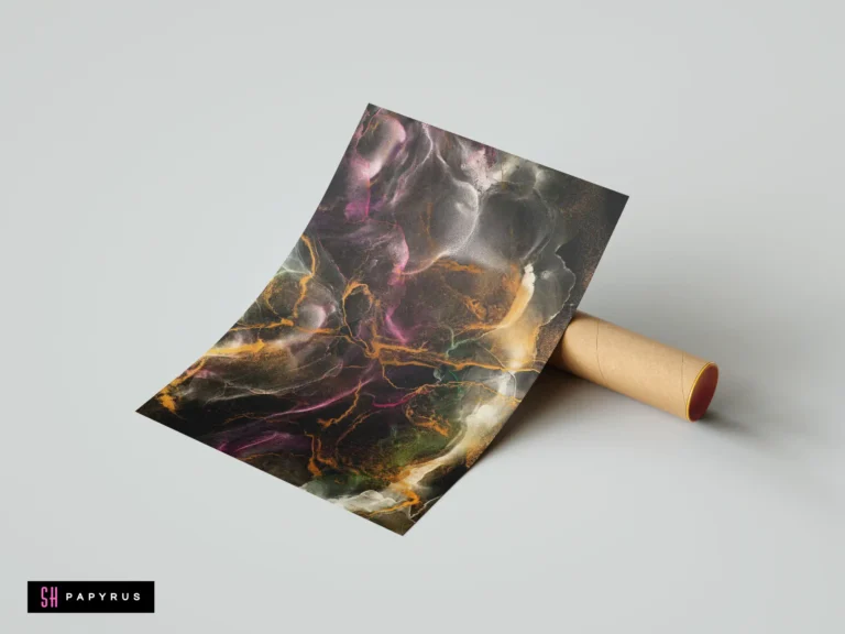 Black and gold abstract art print featuring moody, swirling smoke and metallic gold veins.