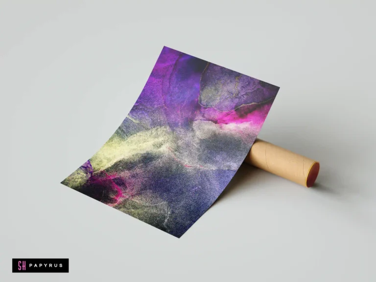 Abstract cosmic violet and deep blue alcohol ink wall art with fluid magenta textures.