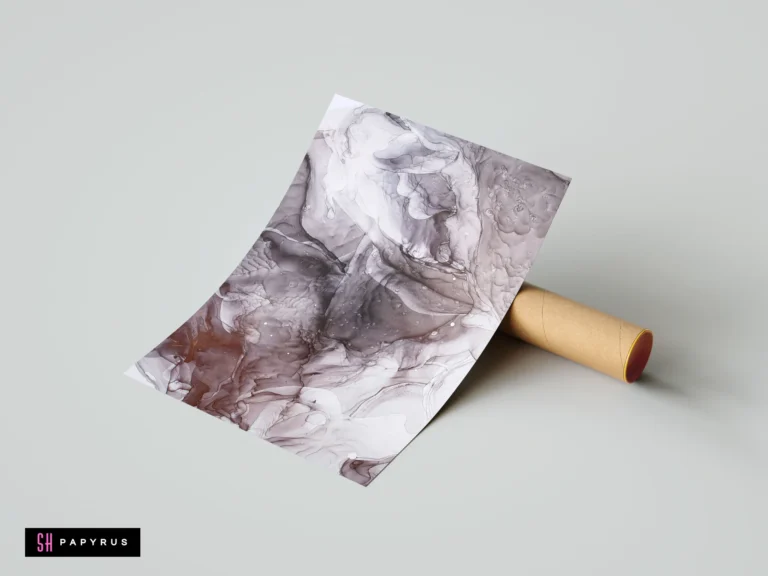 Abstract fluid texture poster in smoky grey and mauve with swirling ink-style patterns.