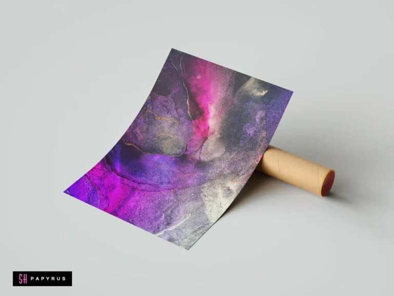 Vibrant magenta and purple galaxy abstract print with shimmering gold dust and fluid ink textures.